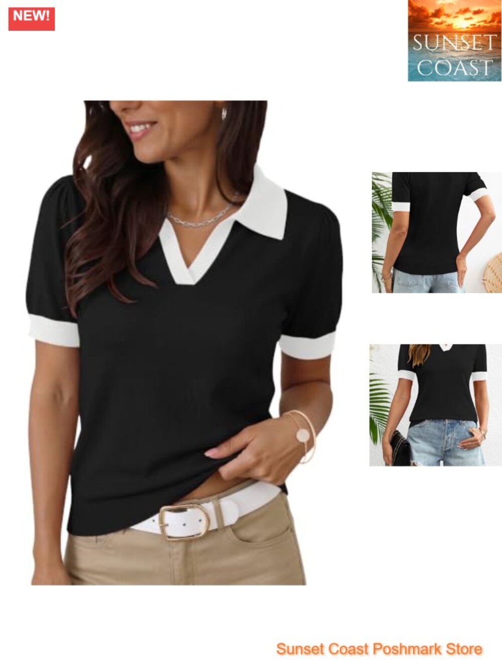 LOMON Womens Puff Short Sleeve Polo Sweater V Neck Knitted Ribbed Pullover